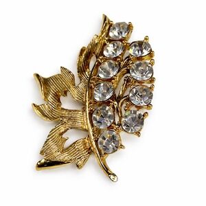VintageGold Tone Leaf Brooch Clear Rhinestone Crystal Floral Pin Statement Jewel